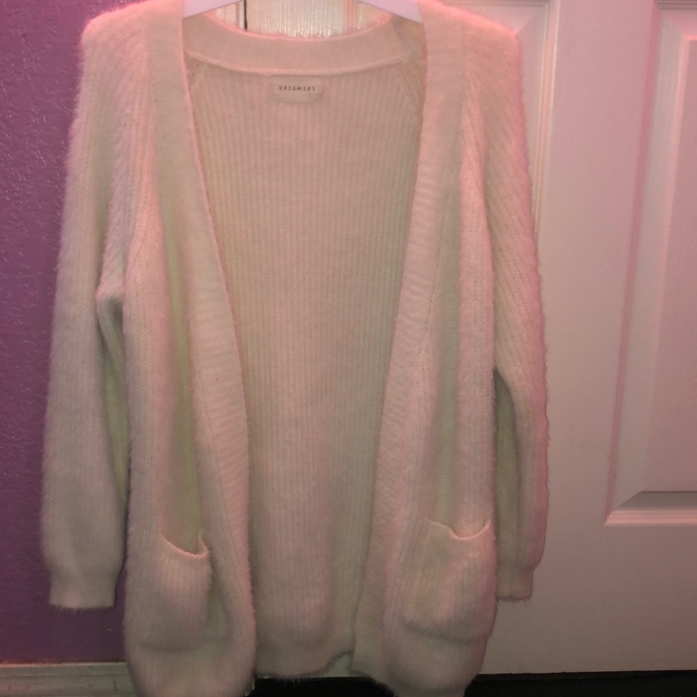 thick white fuzzy cardigan